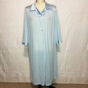 Vintage Vanity Fair Light Blue Robe Embroidered Button Down Nylon Plus Sz Medium